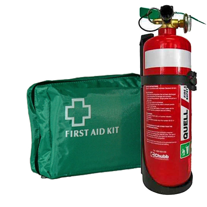 Basic vehicle first aid kit with 1Kg fire extinguisher